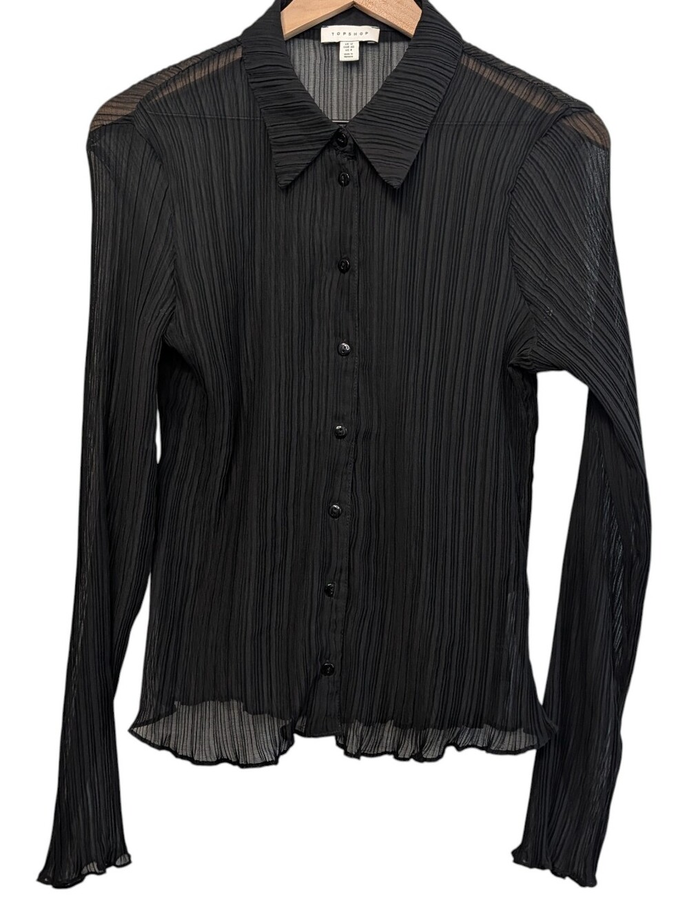 Topshop Womens Size 8 Black Long Sleeve Crinkle Button Top Whimsigoth Semisheer
